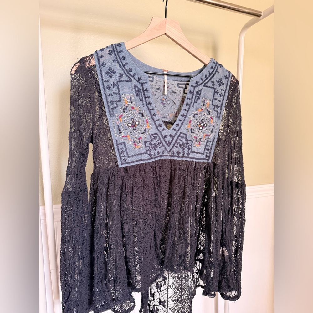 Free People Black Lace Blouse with Blue Embroidery - Picture 2 of 7